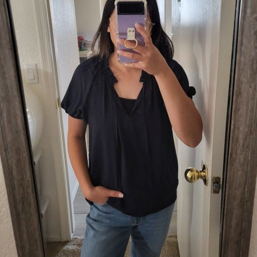 Women's Elie Tahari Tie Ruffle Neck Blouse Elastic Short‎ Sleeves Blue Top Sz S - Picture 4 of 8